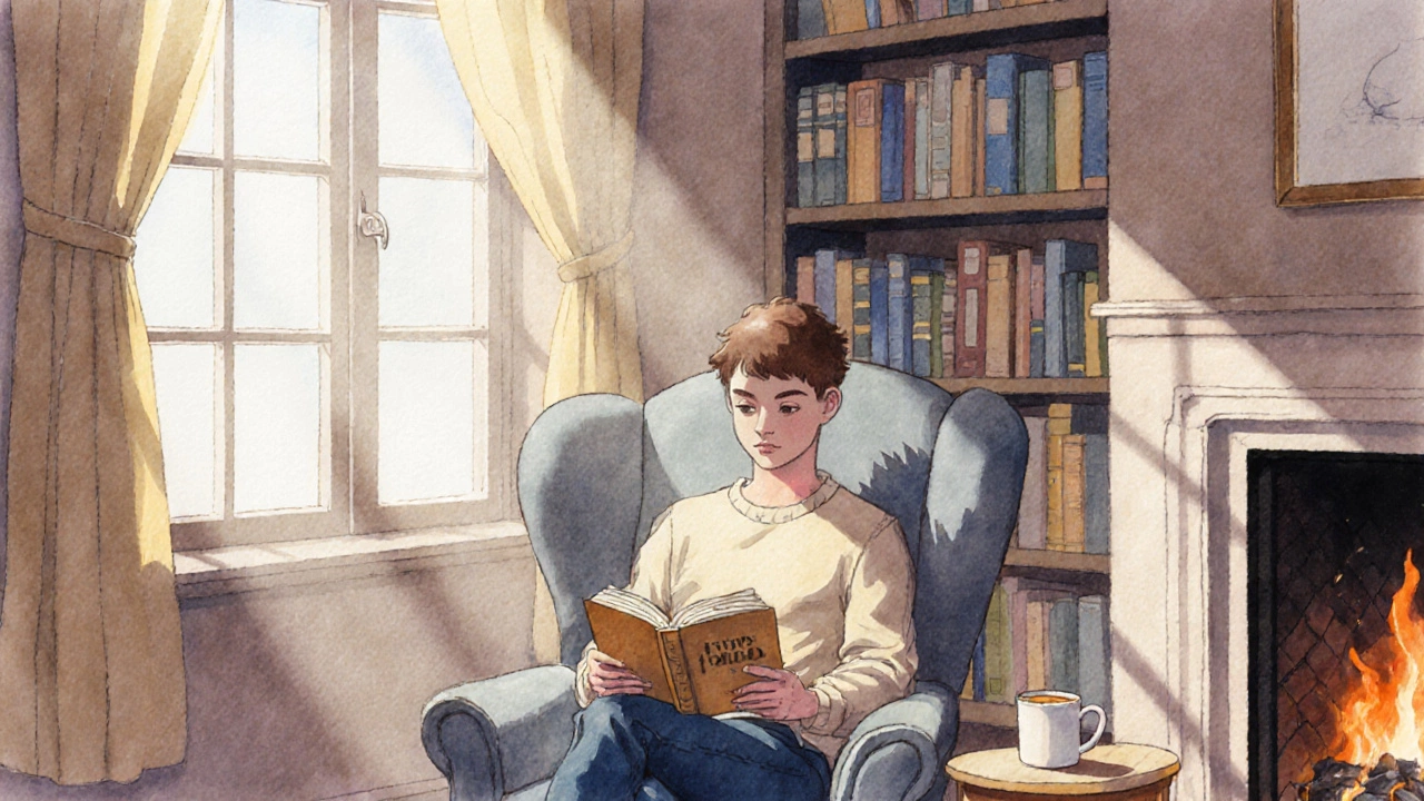 Человек читает подаренную книгу у камина, теплый свет и эмоции.
