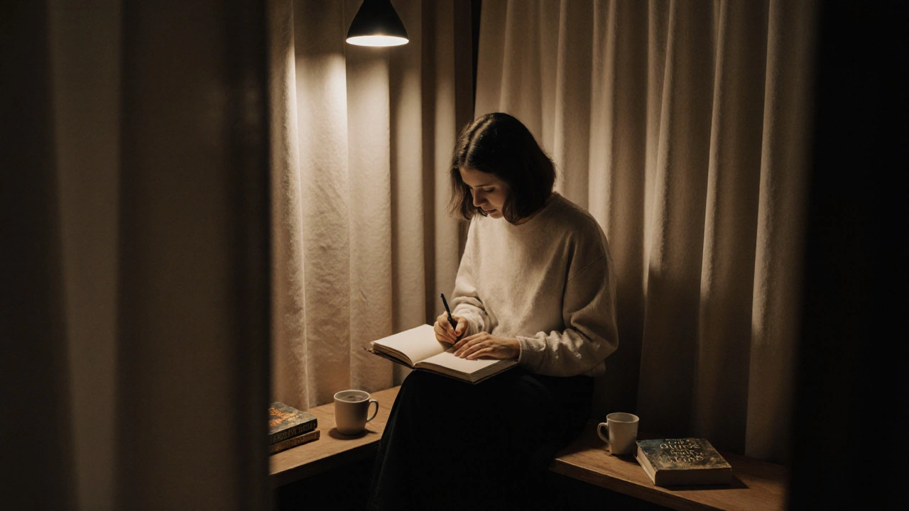 Человек пишет в дневнике в тихом уголке, вокруг — книги и чашки, мягкий свет и спокойная атмосфера.