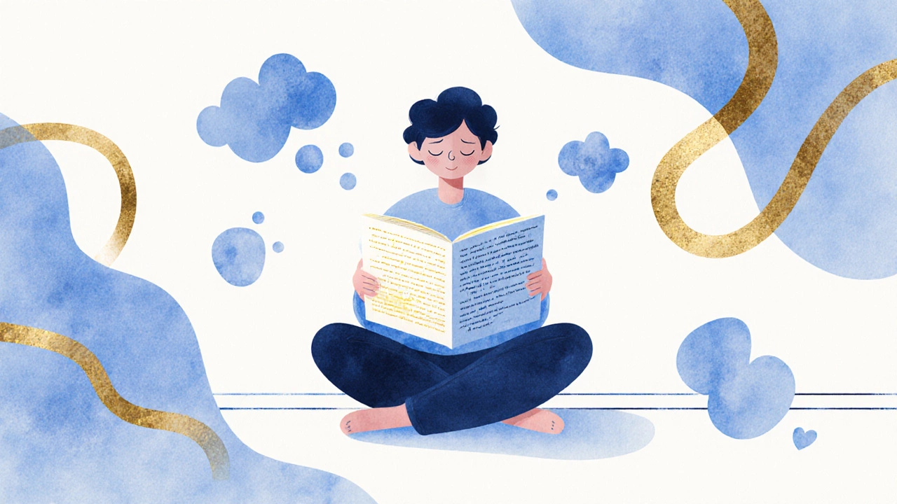 Человек с закрытыми глазами держит книгу, одно предложение светится в воздухе.