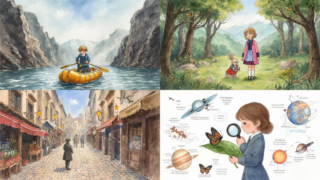 Четыре акварельных сцен: приключение, сказка, история, наука.