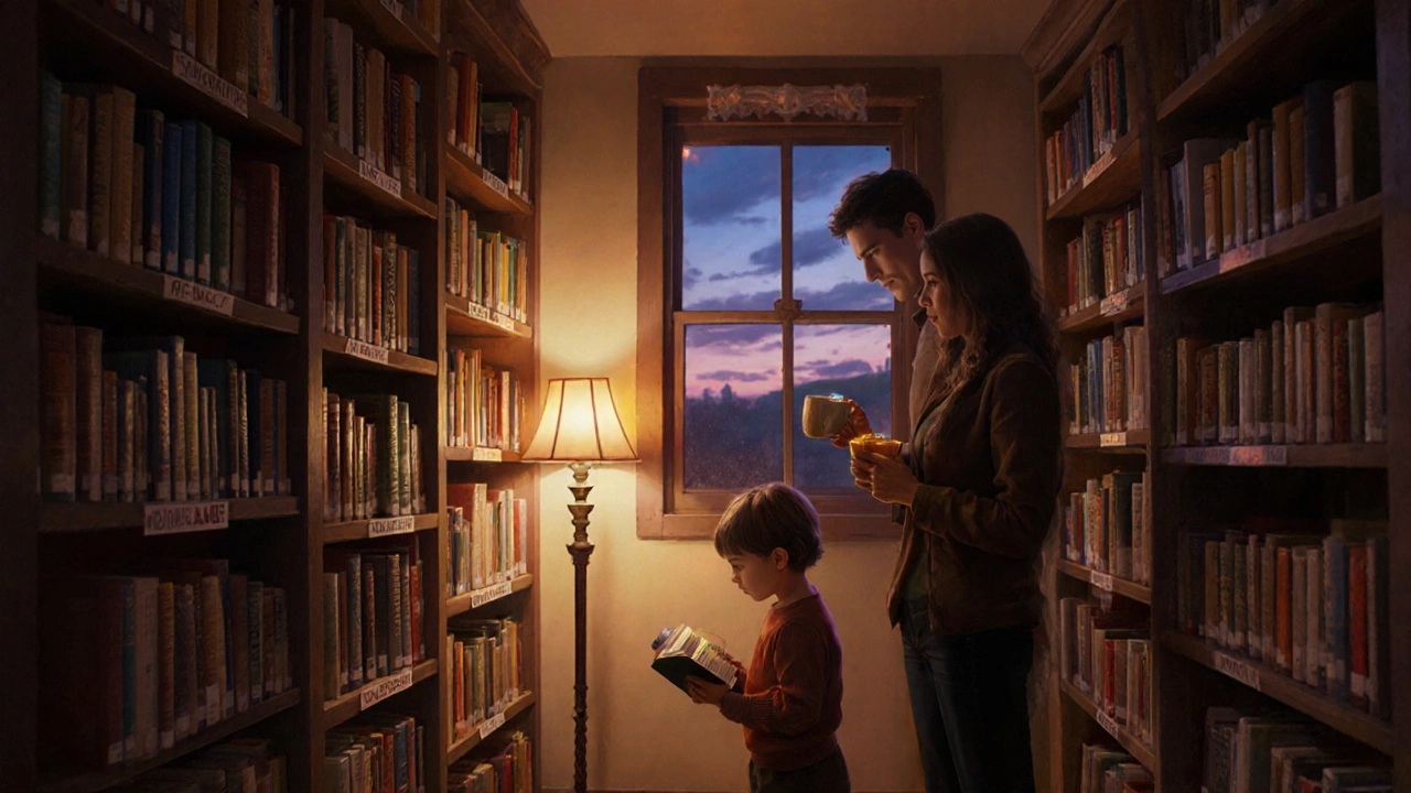 Домашняя библиотека: ребёнок берёт книгу, родители рядом.