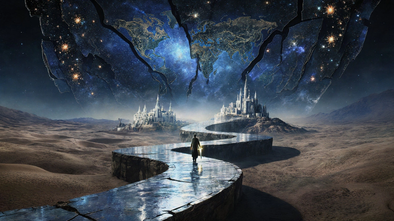 Фигура идёт по теневому пути, который ведёт через разные миры, окружённая фрагментами реальностей.