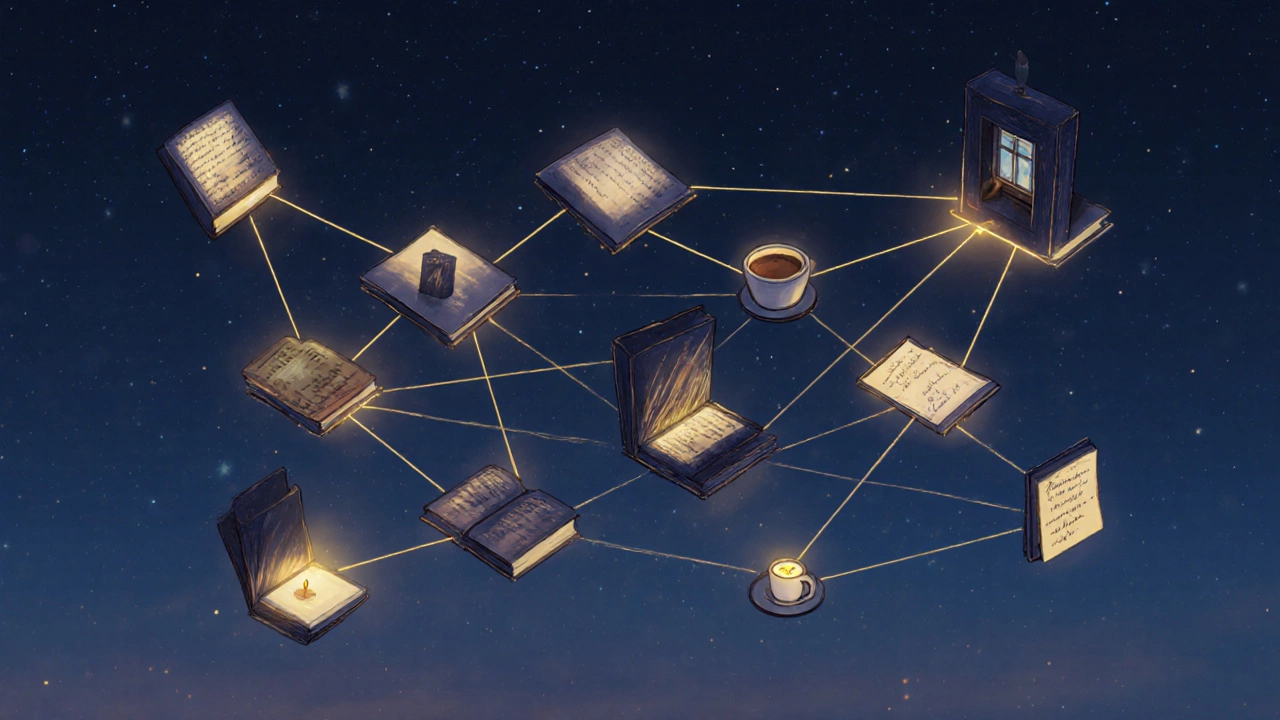 Горящие книги в ночном небе, их свет соединяет уютные сцены чтения — символ доверия и сообщества.