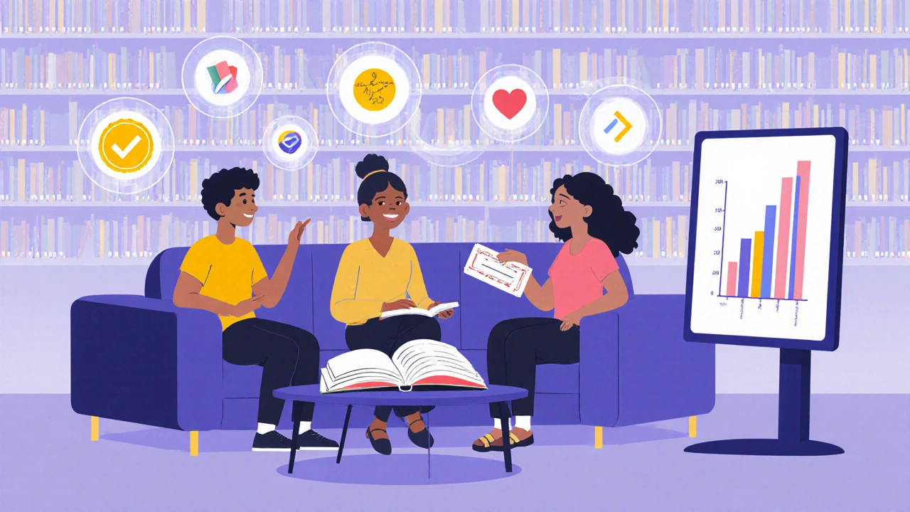 Группа людей обсуждает книгу в библиотеке, вокруг видны абстрактные символы приложений и табло прогресса.
