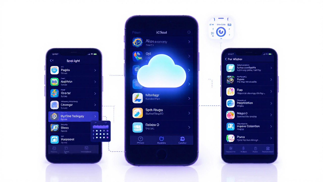 iPhone‑ы синхронизированы через iCloud, показывают одинаковую библиотеку приложений