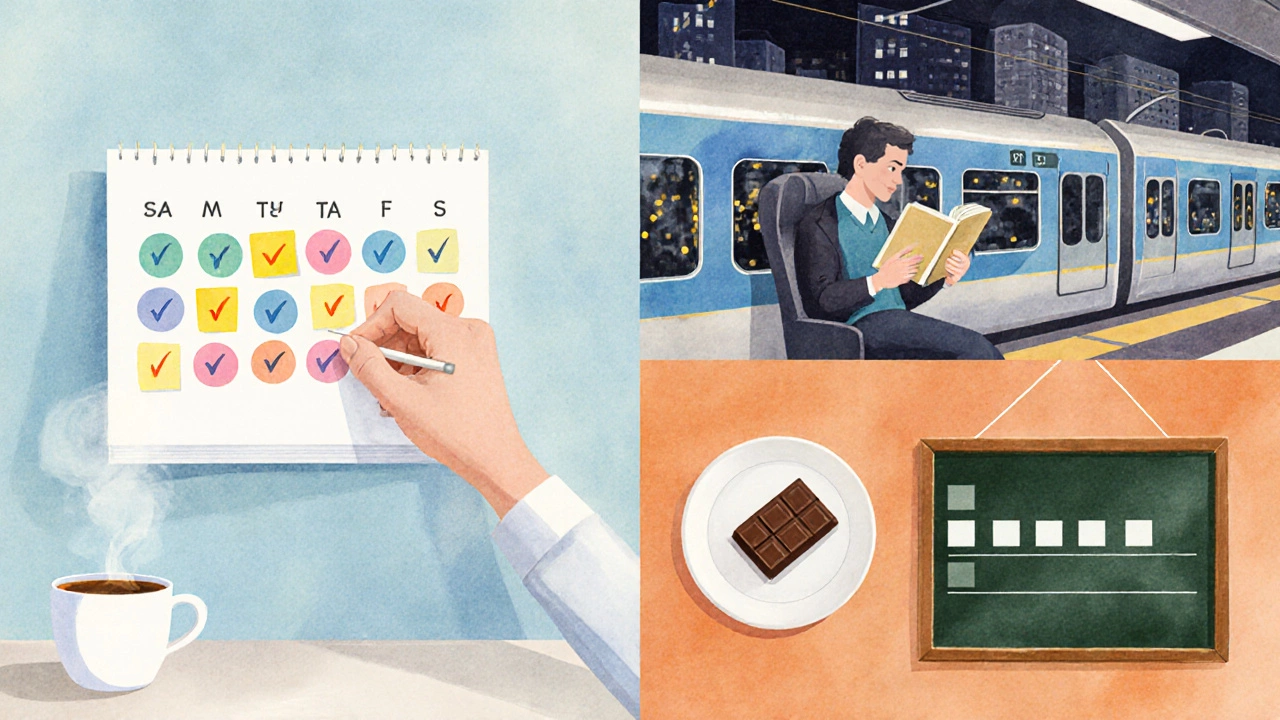 Календарь с наклейками, чашка кофе и пассажир, читающий в поезде, рядом отметка‑подарок.