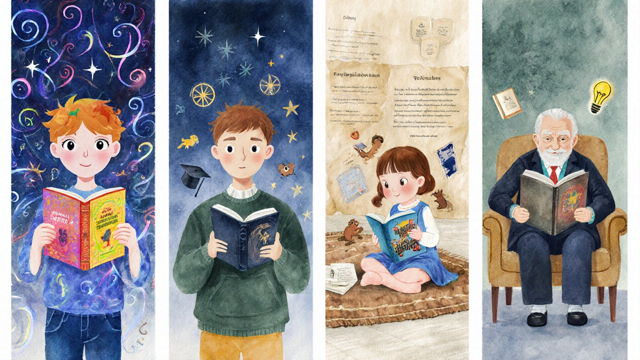 Картинка с четырьмя персонажами, каждому подойдёт свой жанр книги.