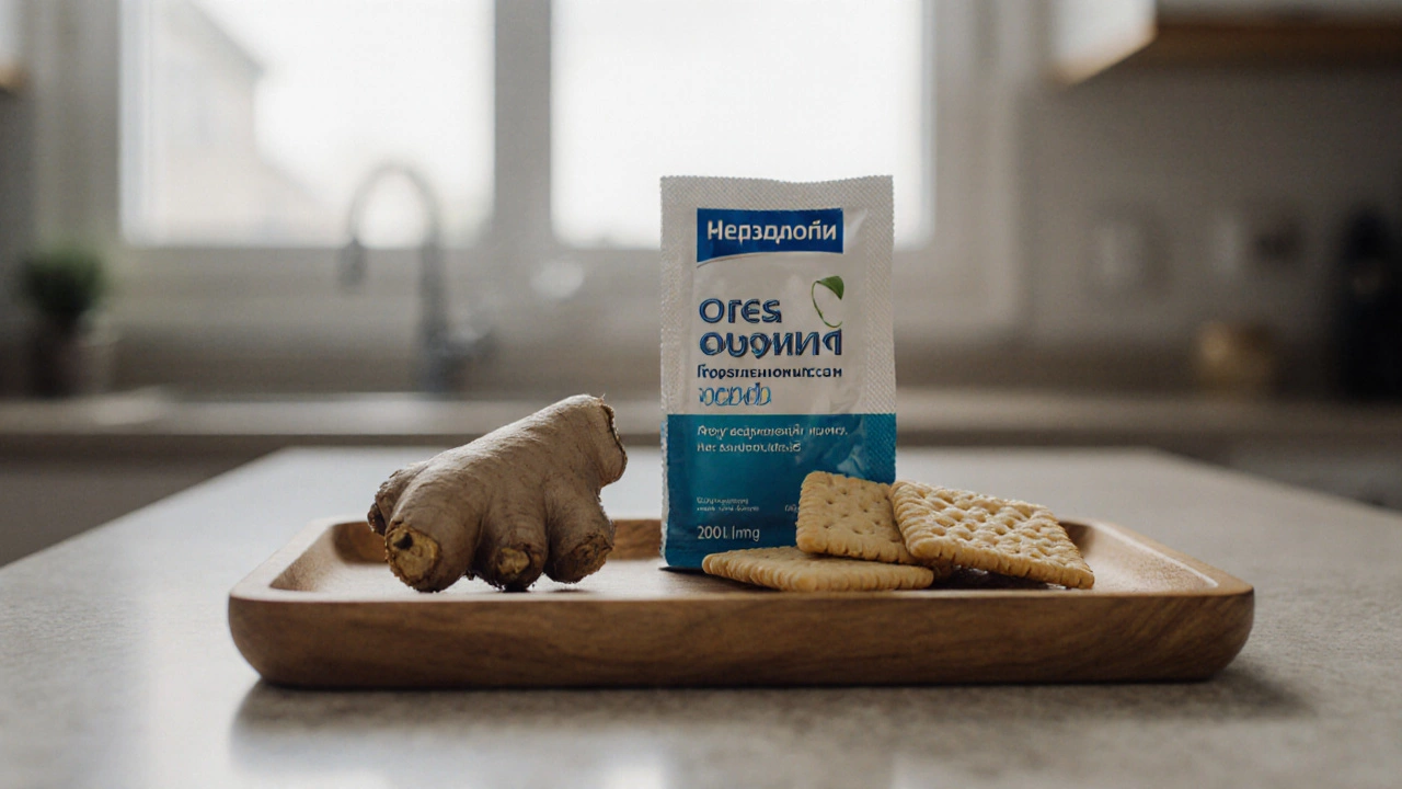 На деревянном подносе: имбирь, солевой раствор и сухари — домашние средства от рвоты.