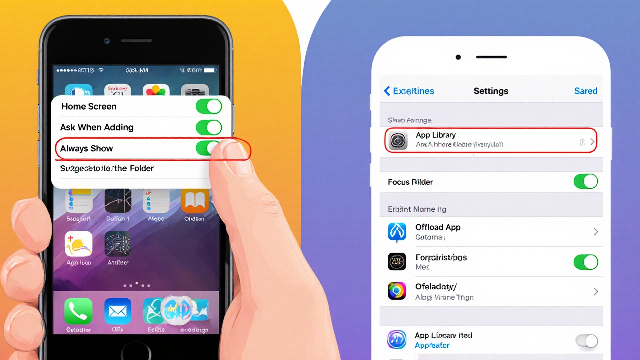Настройки Home Screen с включённой библиотекой, создание папки и выгрузка приложений