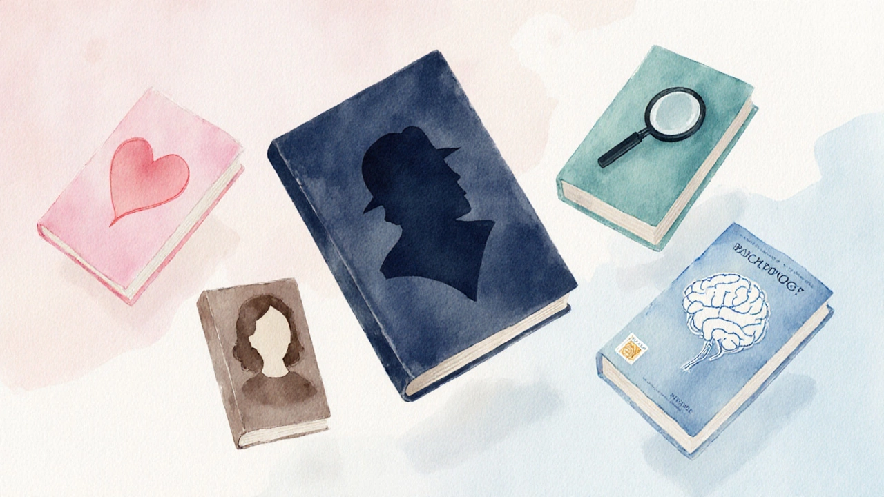 Плавные акварельные изображения книг пяти жанров, плавающих вокруг, с символами: сердце, лупа, силуэт, мозг, паспорт.