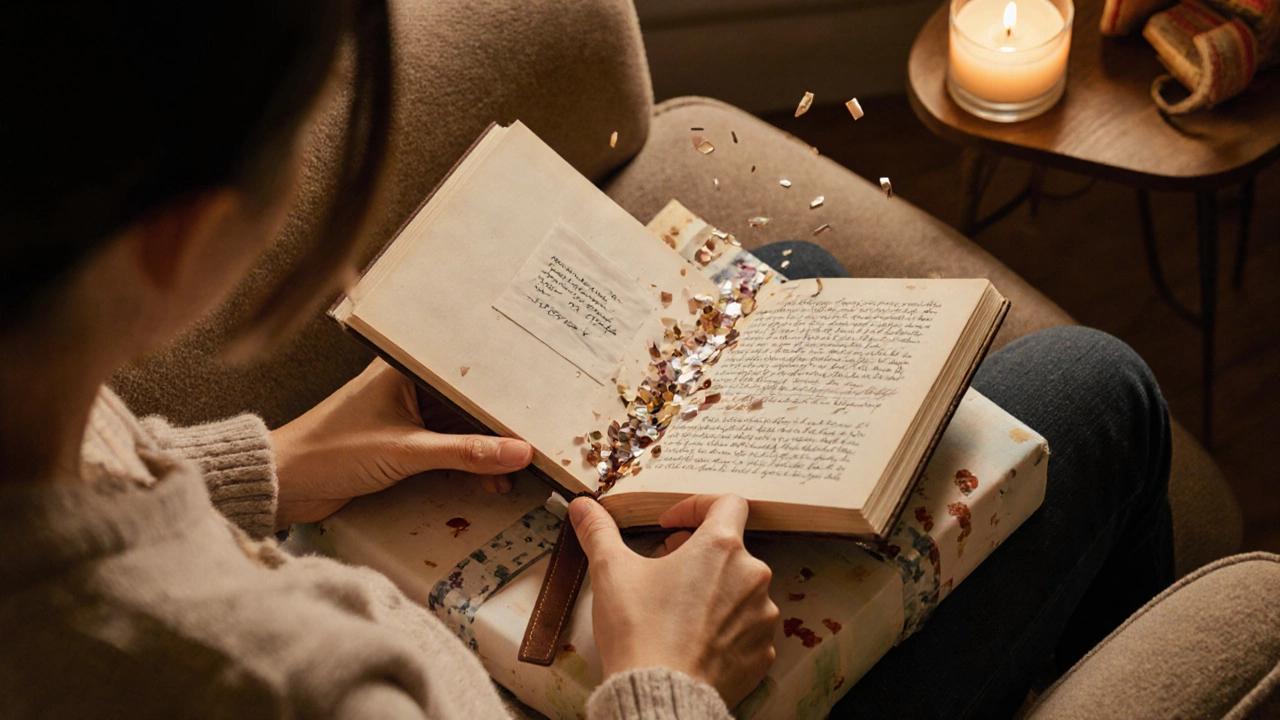 Получатель радостно открывает подарочную книгу, рядом лежат записка и закладка.