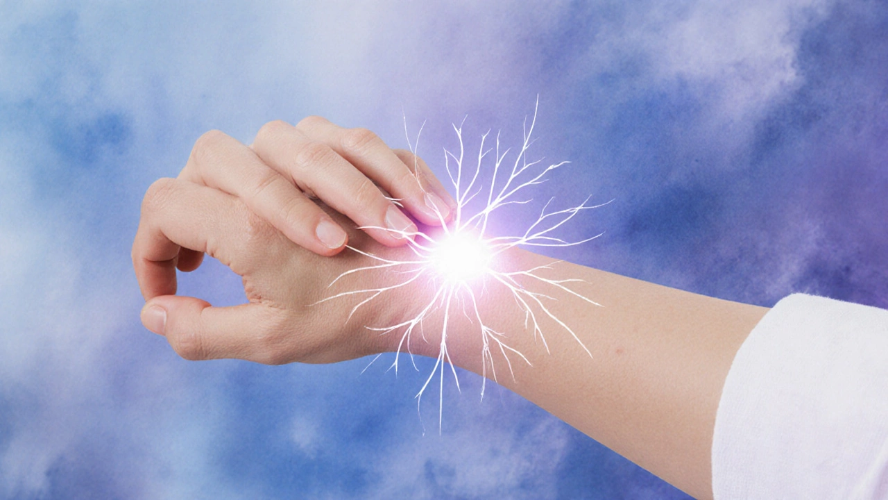 Рука надавливает на точку на запястье, мягкий свет подчеркивает терапевтическое действие.