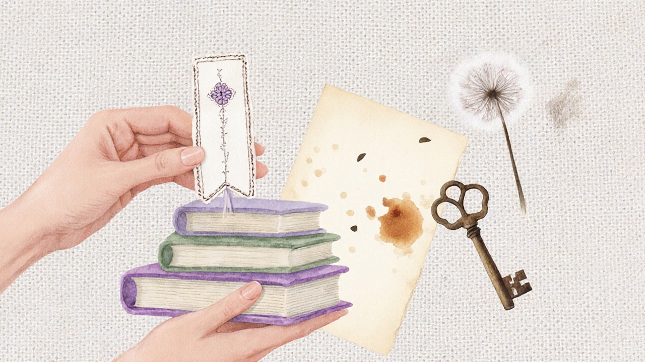 Руки держат handmade маркер для книг и стопку книг на текстурированной ткани, с цветком и пятном от чая.