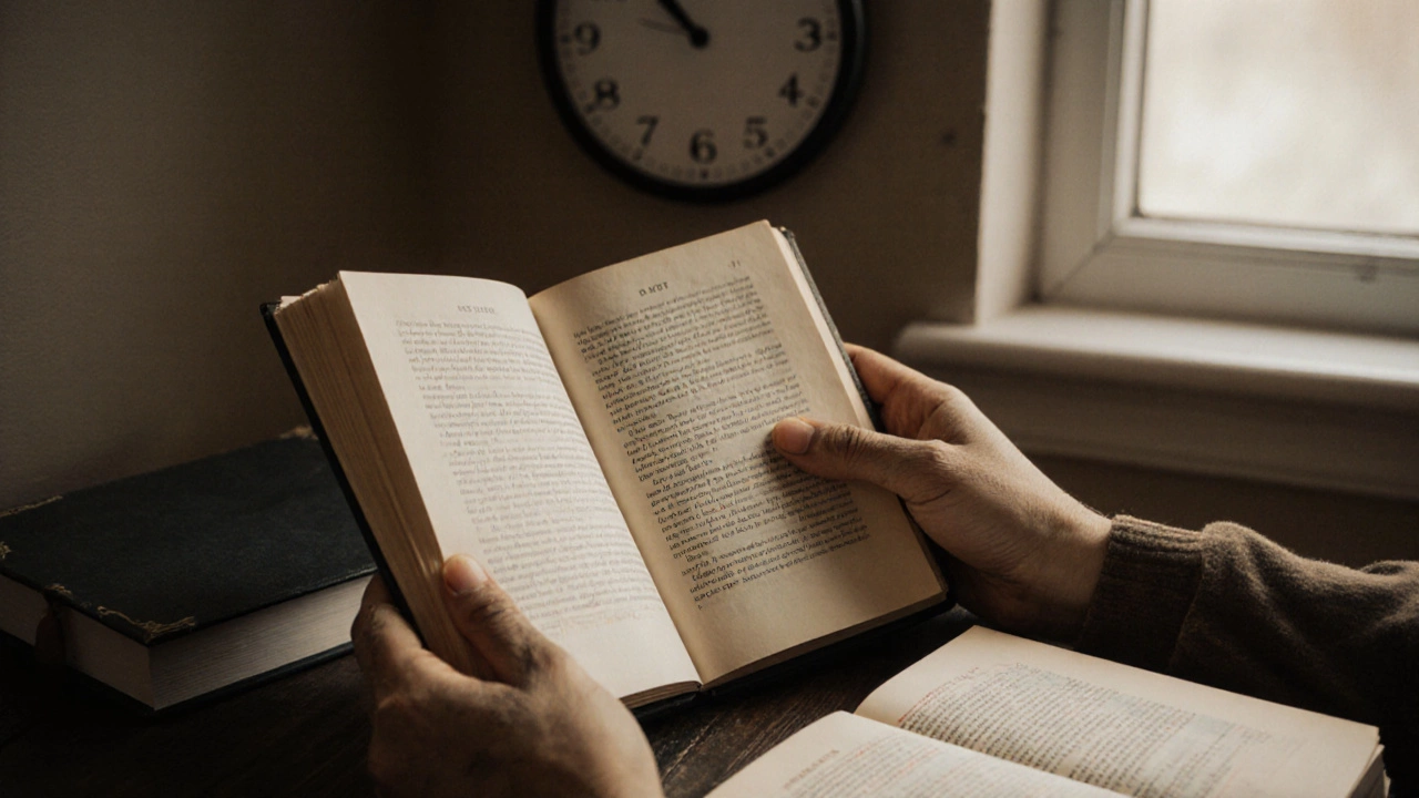 Руки поворачивают страницу книги, на фоне часов и разных книг.