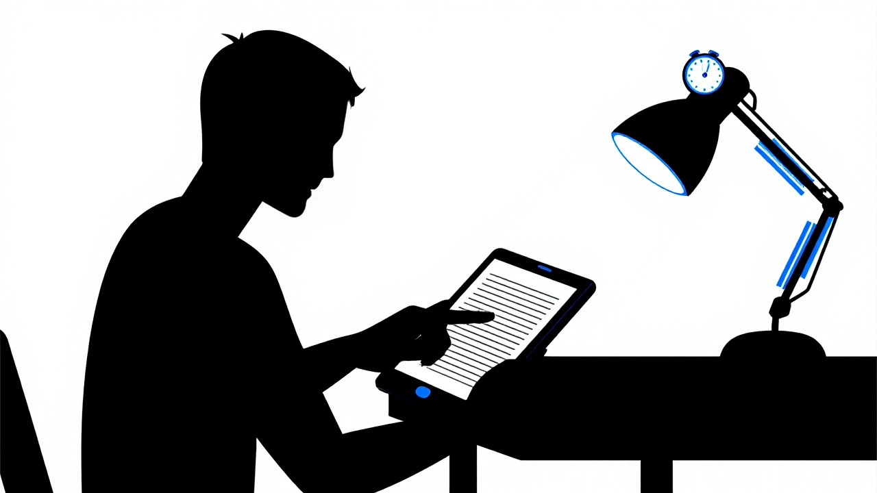 Силуэт читателя с планшетом, пальцем, скользящим по тексту, и светящимся таймером.