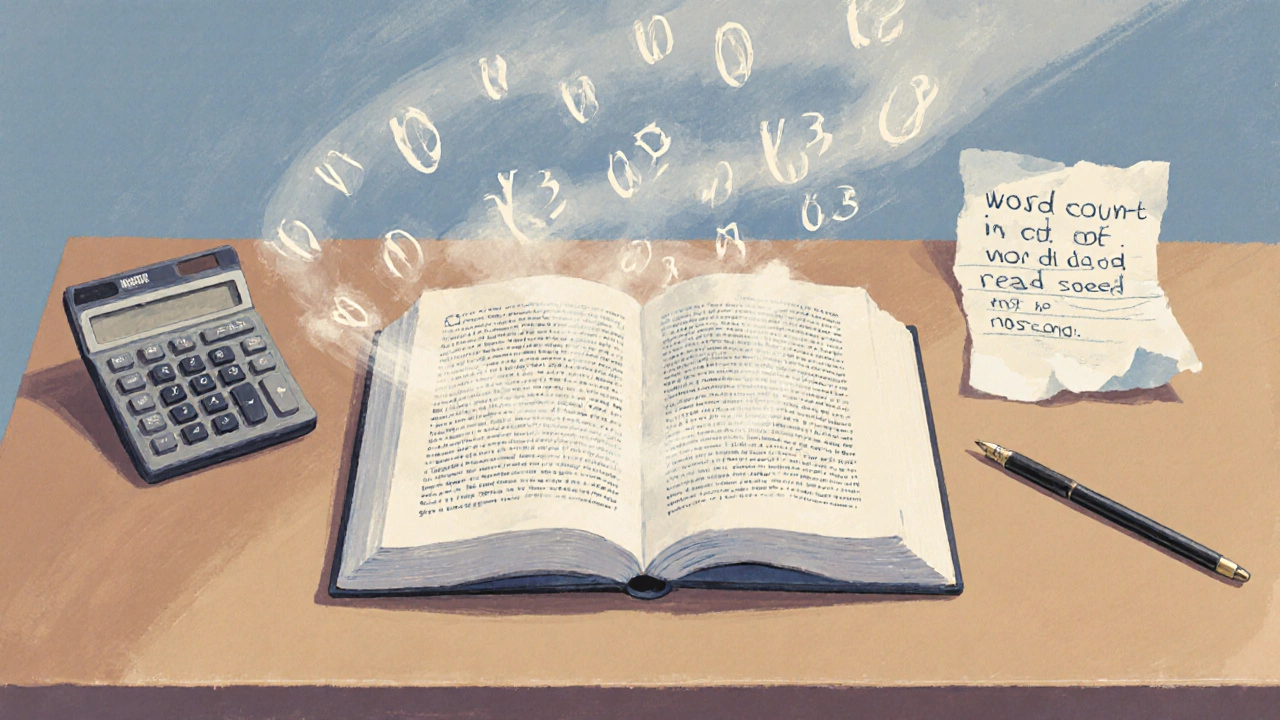 Стол с открытой книгой, калькулятором и вихрью слов, визуализирующим подсчёт.