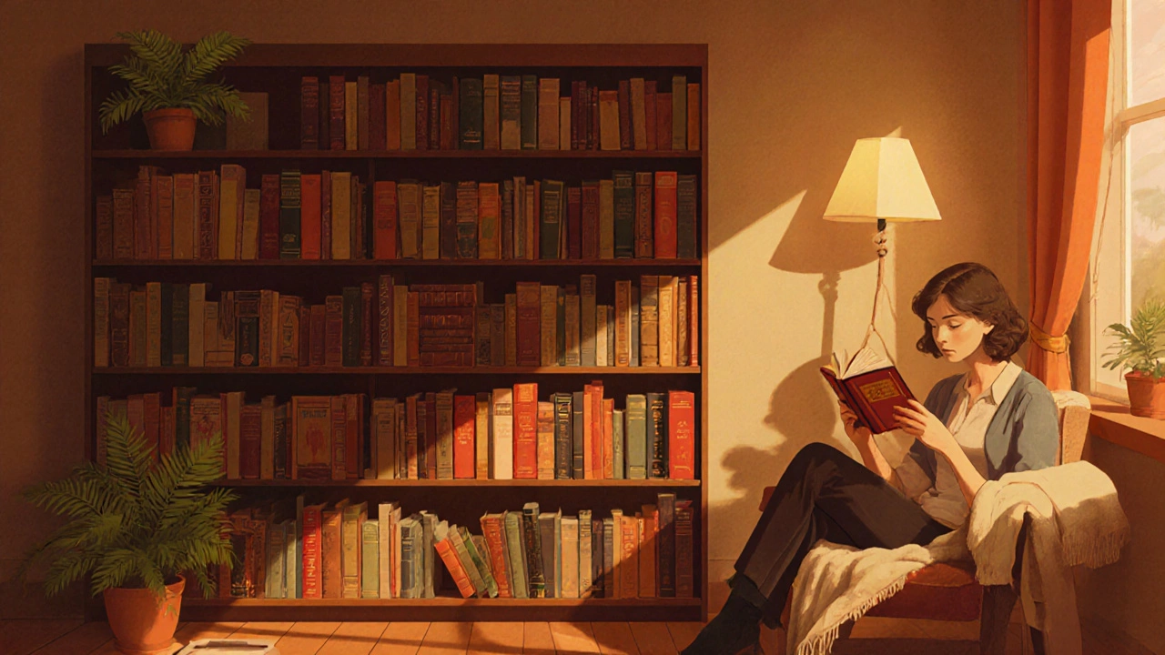 Теплая иллюстрация домашней книжной полки, разделённой на секции с романами, нон‑фикшн и развлечениями, рядом уютный уголок для чтения.