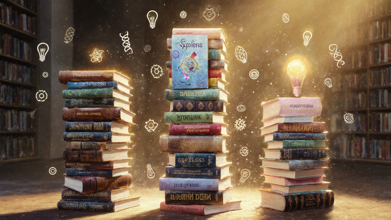 Три столпа из книг: классика, научно‑поп, саморазвитие, с сияющими идеями вокруг.