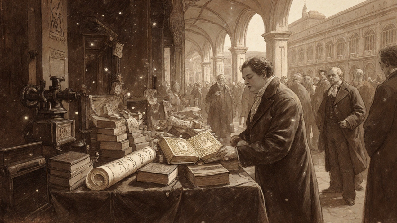 Винтажный рисунок книжного ярмарки XIX века с редкими томами и посетителями