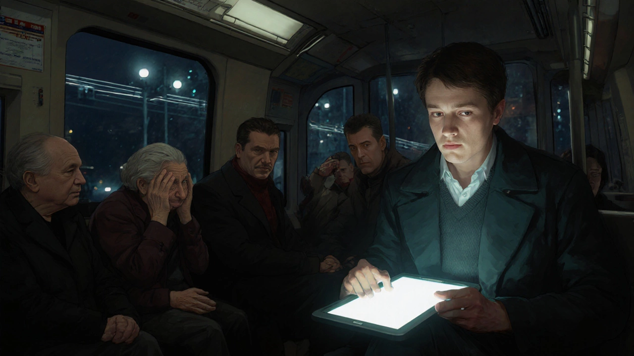 Яркий экран телефона светит в лицо пассажирам в тёмном трамвае, вызывая дискомфорт.