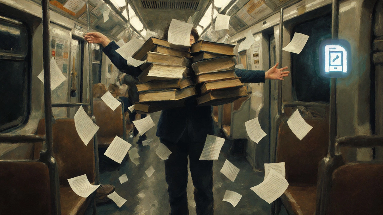 Человек держит много книг в поезде, страницы разлетаются вокруг, символизируя хаос чтения.