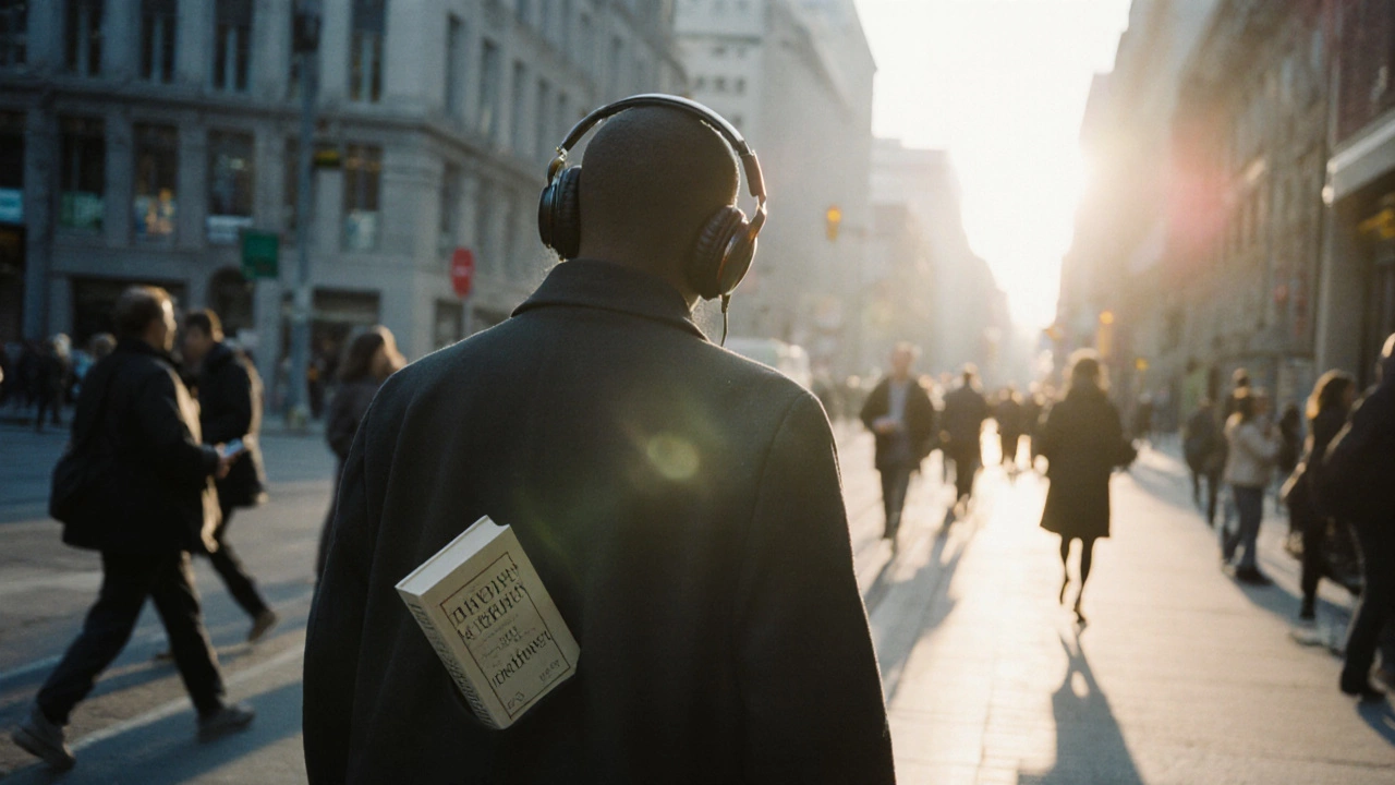 Человек идёт по улице с наушниками, слушая аудиокнигу, вокруг — спешащие люди.