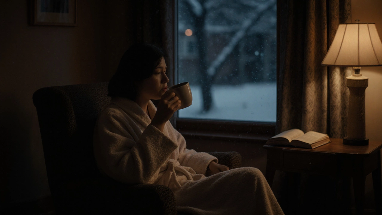 Человек сидит в кресле, пьет чай, за окном — зимняя ночь, экранов нет.