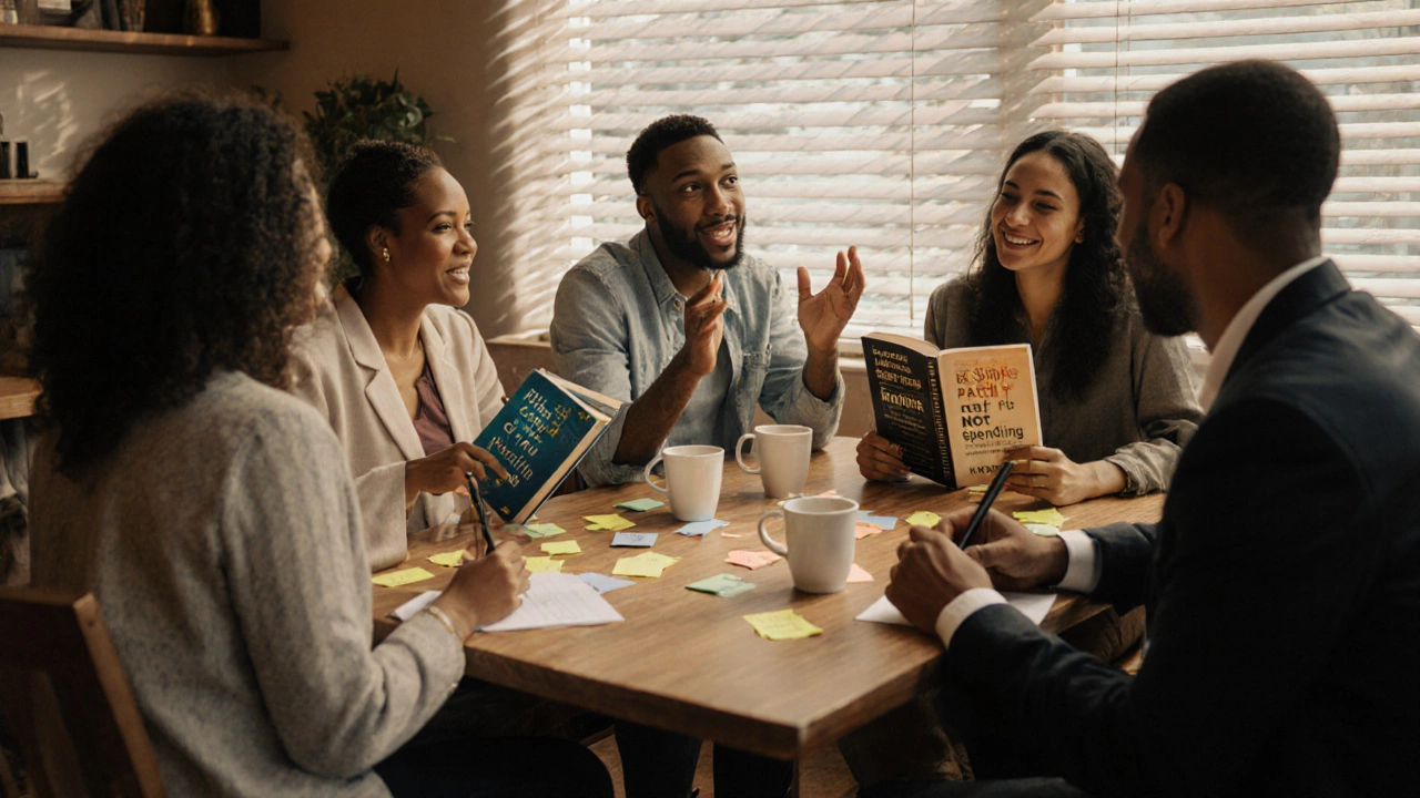 Группа людей обсуждает финансовые книги в кафе, каждый держит другую книгу и делает заметки.