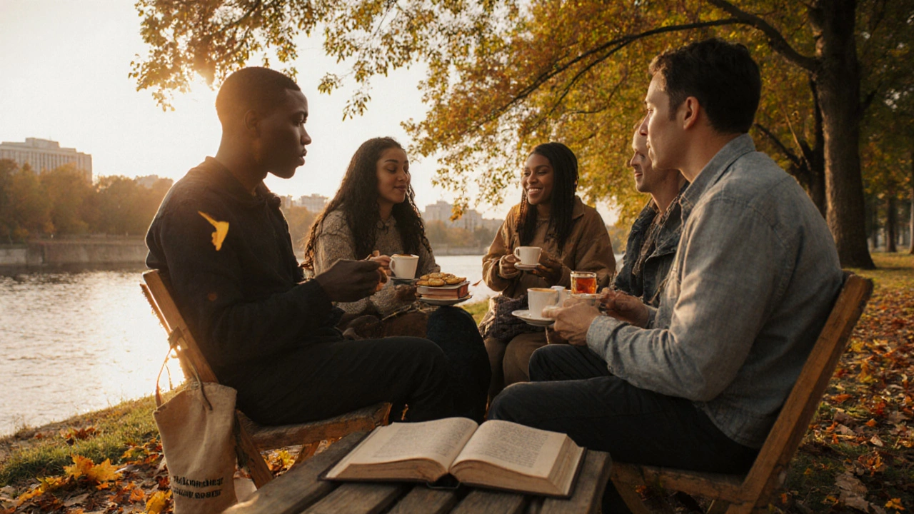 Группа людей в парке у реки обсуждает книгу, пьют чай и сидят на простых стульях.
