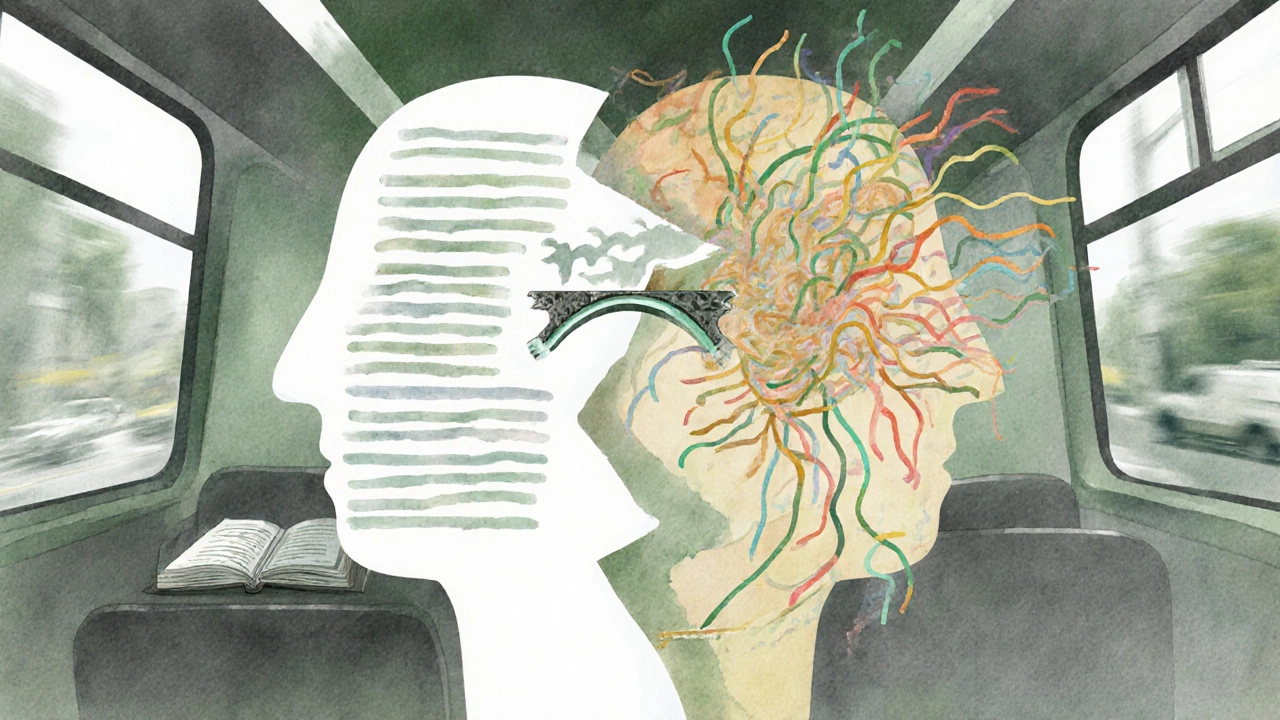 Художественное изображение внутреннего конфликта между зрением и вестибулярной системой при чтении в транспорте.