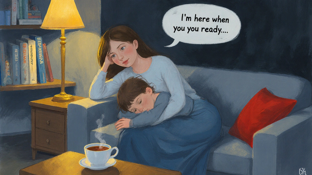 Мать успокаивает плачущего ребенка на диване, рядом книги по воспитанию.