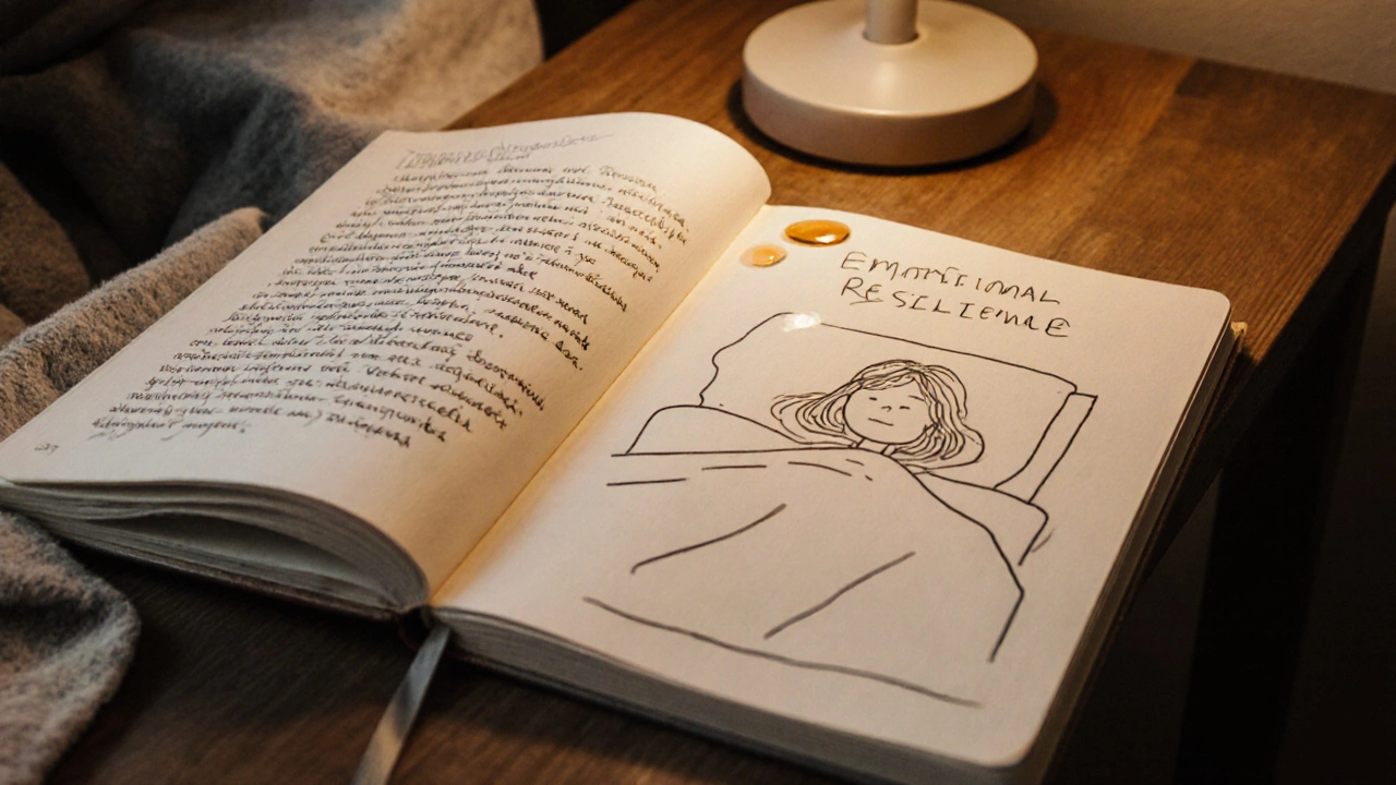 Открытая книга &#039;Эмоциональная устойчивость&#039; с рукописными заметками и слезой на странице.