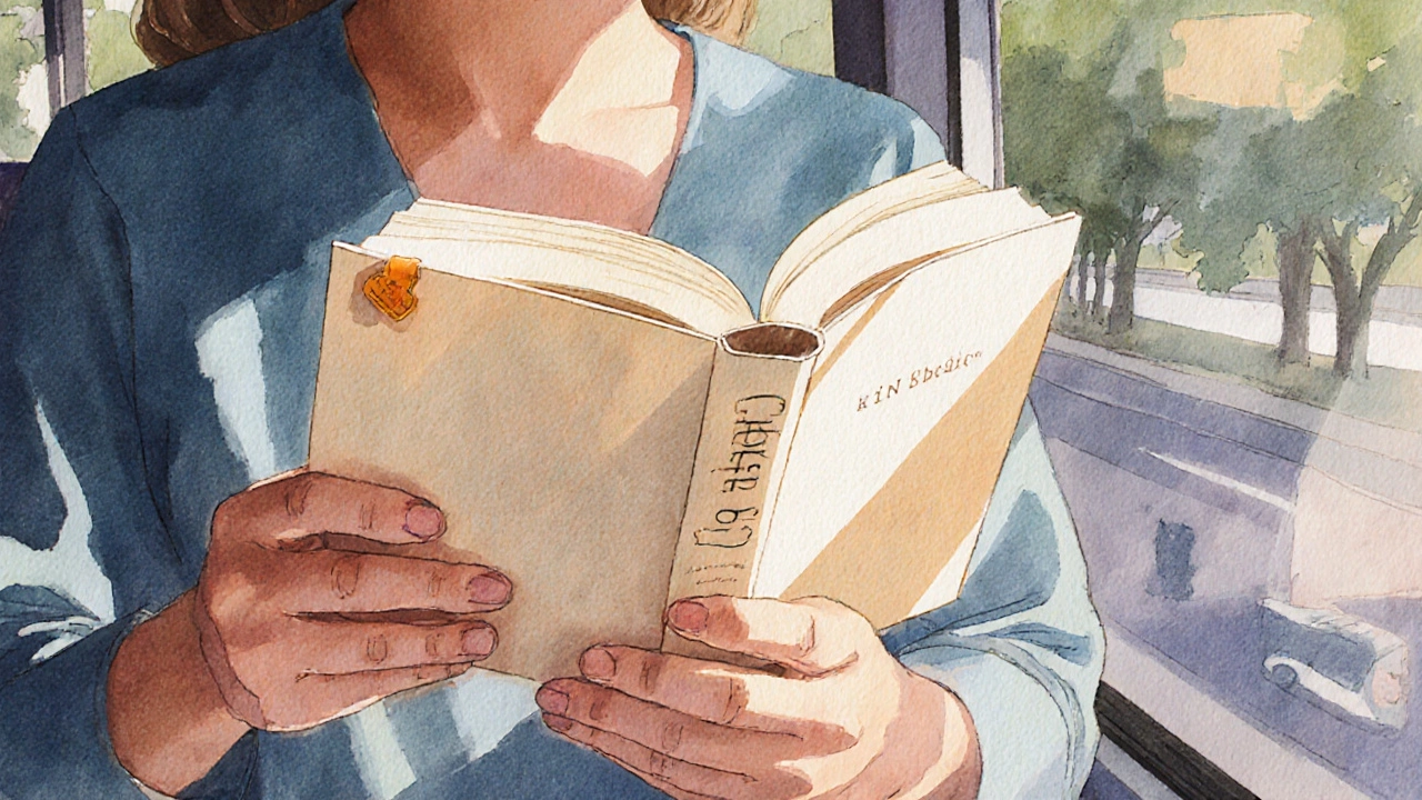 Пассажир стоит в автобусе, держа легкую книгу двумя руками, солнечный свет падает на страницы.