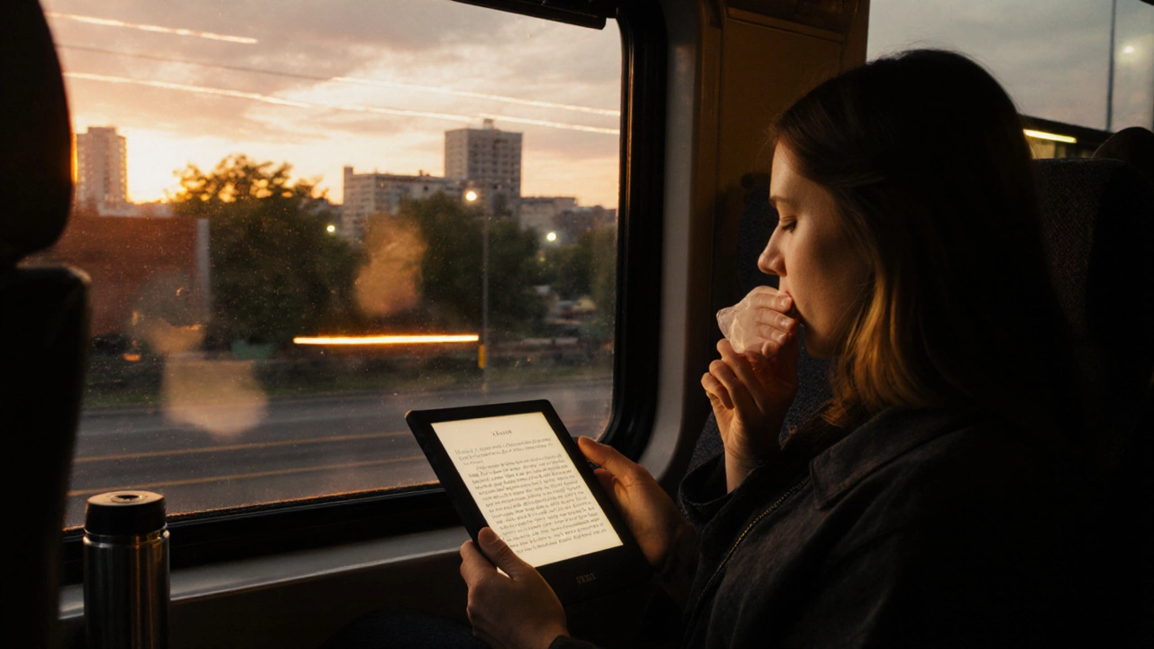 Пассажир в передней части автобуса читает с электронной книги, жует жевательную резинку и пьёт чай, смотря в окно.