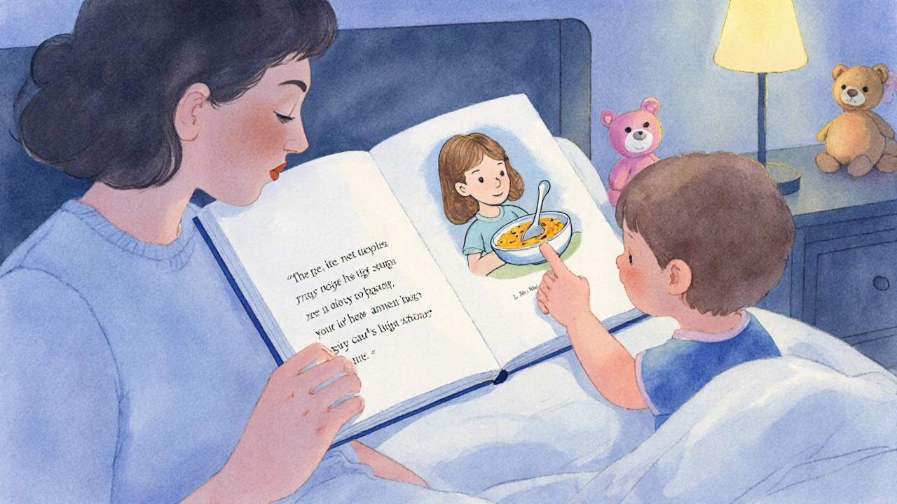 Родитель и ребёнок читают книгу вместе на кровати при тусклом свете ночника.