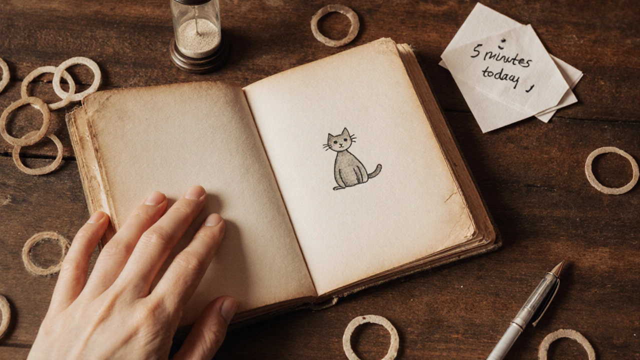 Рука открывает старую книгу с рисунком кота, рядом — песочные часы и записка.