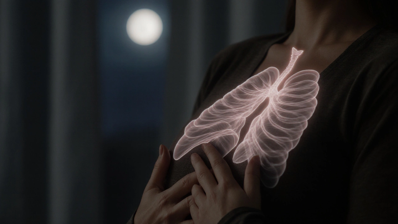 Руки на животе, видны легкие волны света, символизирующие медленное дыхание.
