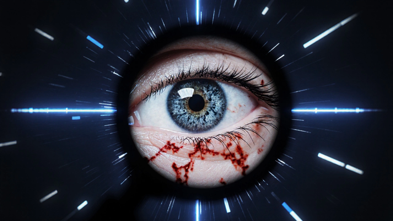 Увеличенное изображение глаза с напряжёнными сосудами и отражением экрана телефона.