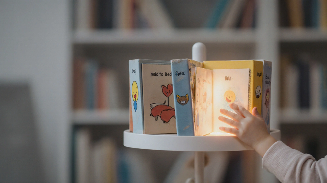 Вращающаяся полка с семью книгами, каждая из которых обозначена эмоциональным символом.