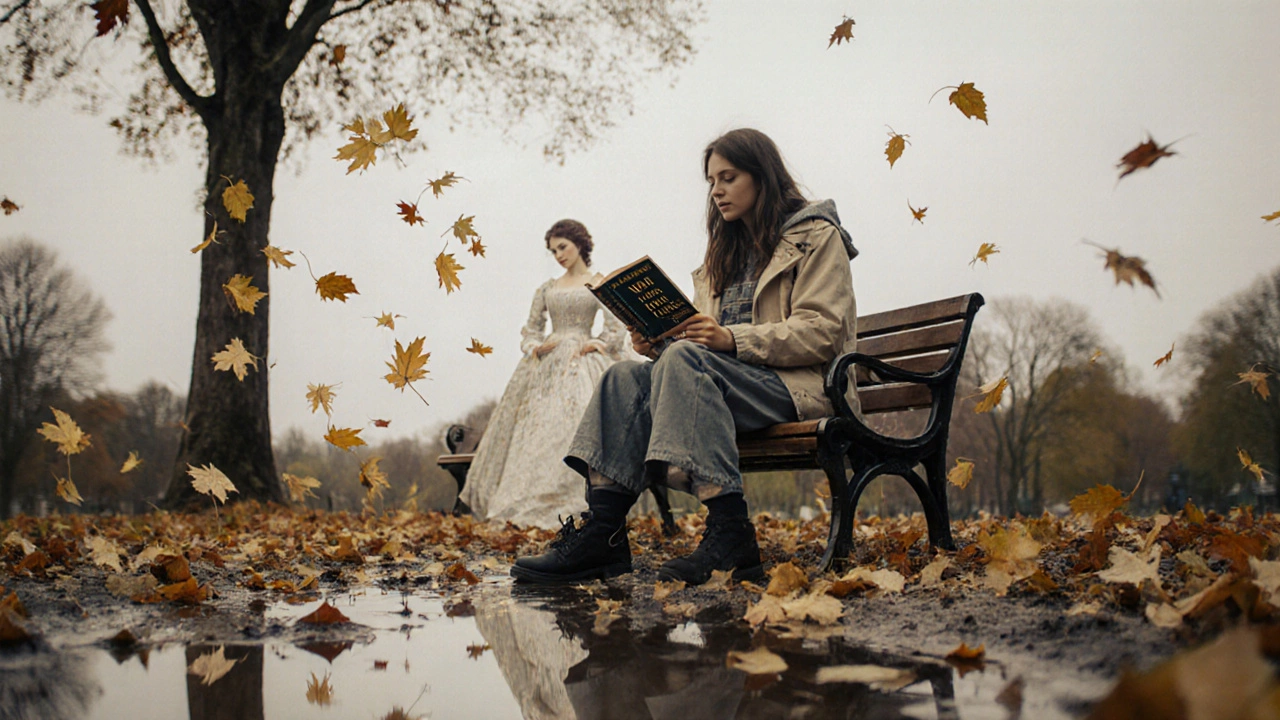 Женщина читает пересказ &#039;Войны и мира&#039; на скамейке, её отражение показывает девушку из XIX века.