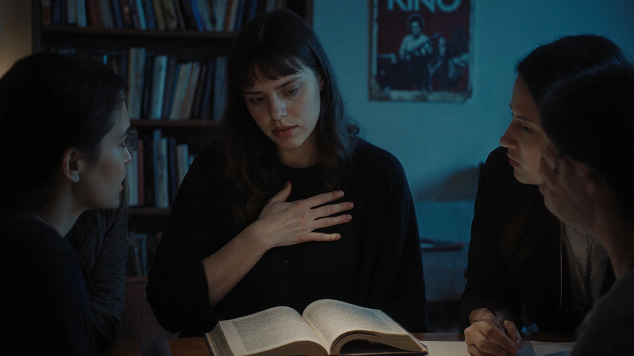 Женщина плачет во время обсуждения книги, остальные слушают с сочувствием, книга открыта на коленях.