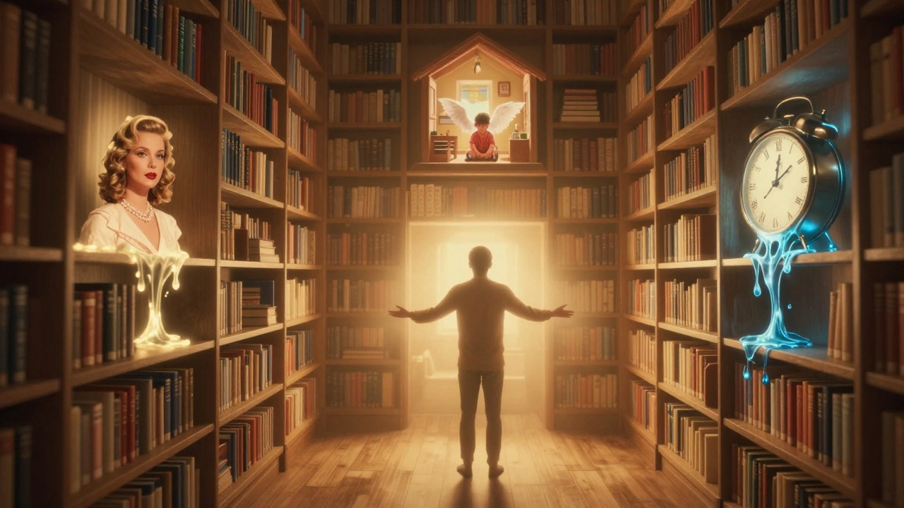 Бесконечная библиотека с книгами, каждая из которых символизирует альтернативную жизнь, центральная фигура в золотом свете.