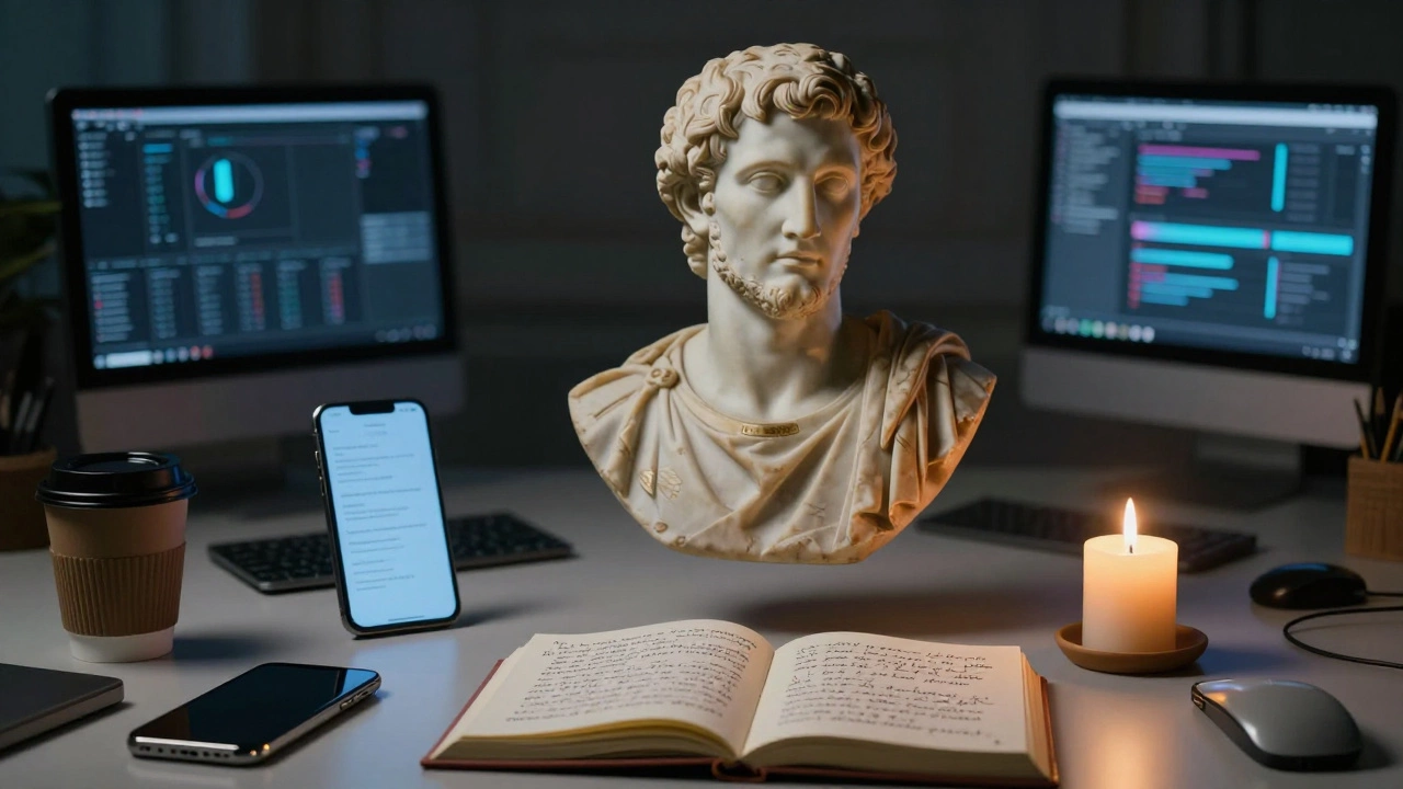 Бюст Марка Аврелия парит над современным столом с телефонами и свечой, открытый дневник рядом.
