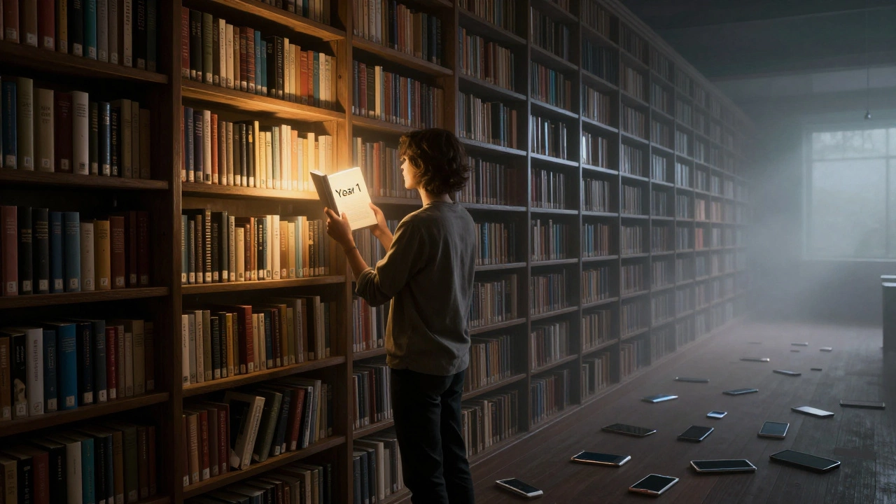 Человек стоит у библиотеки, держа книгу, символизирующую год чтения по 20 страниц.