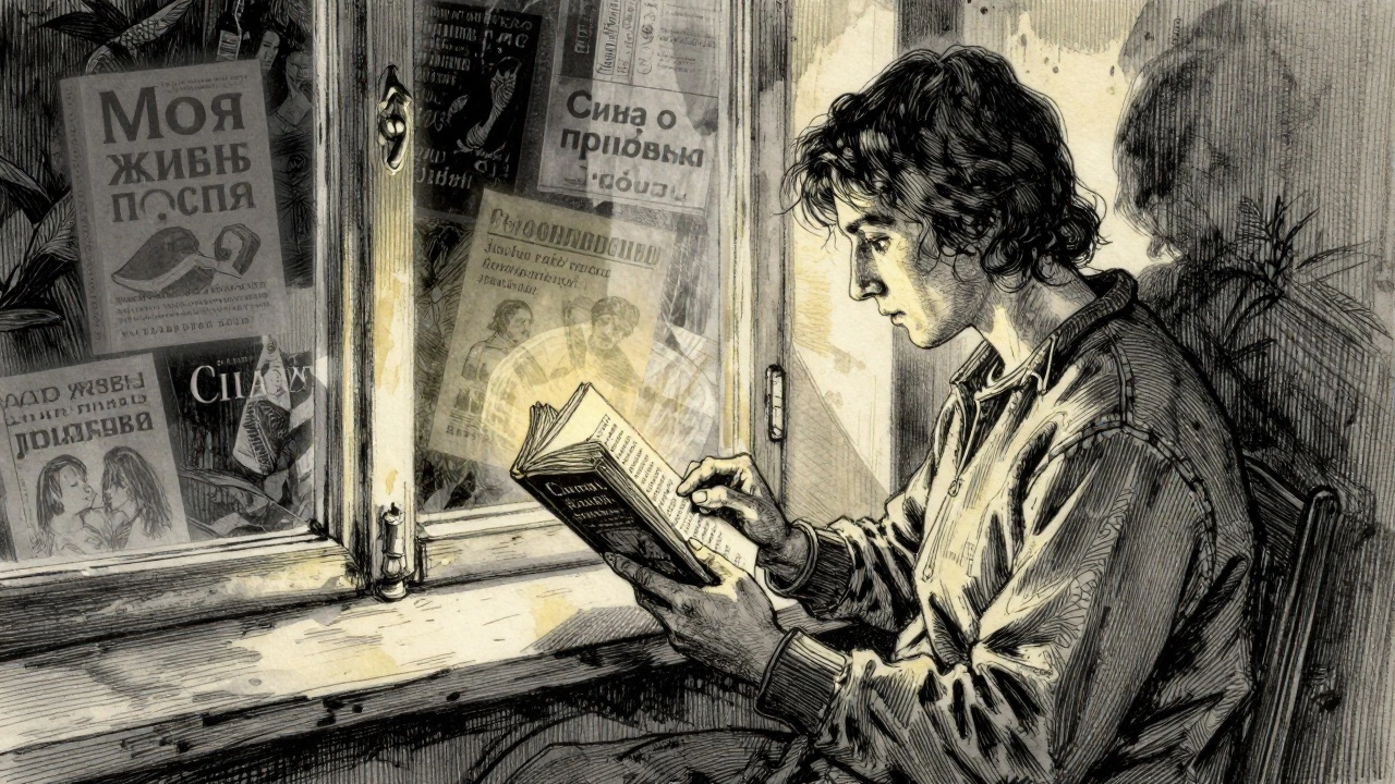 Читатель ночью читает древний эпос, вокруг него парят обложки бестселлеров.