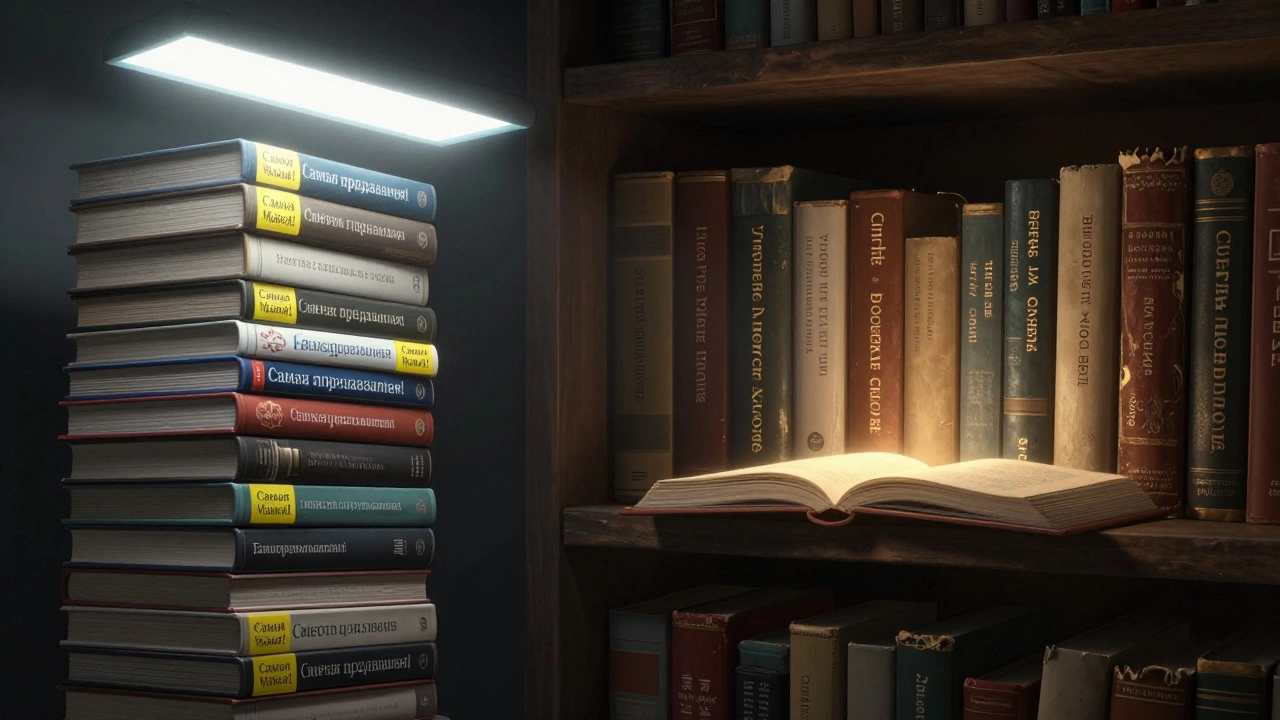 Две полки: одна с популярными книгами, другая с классикой, одна страница светится.