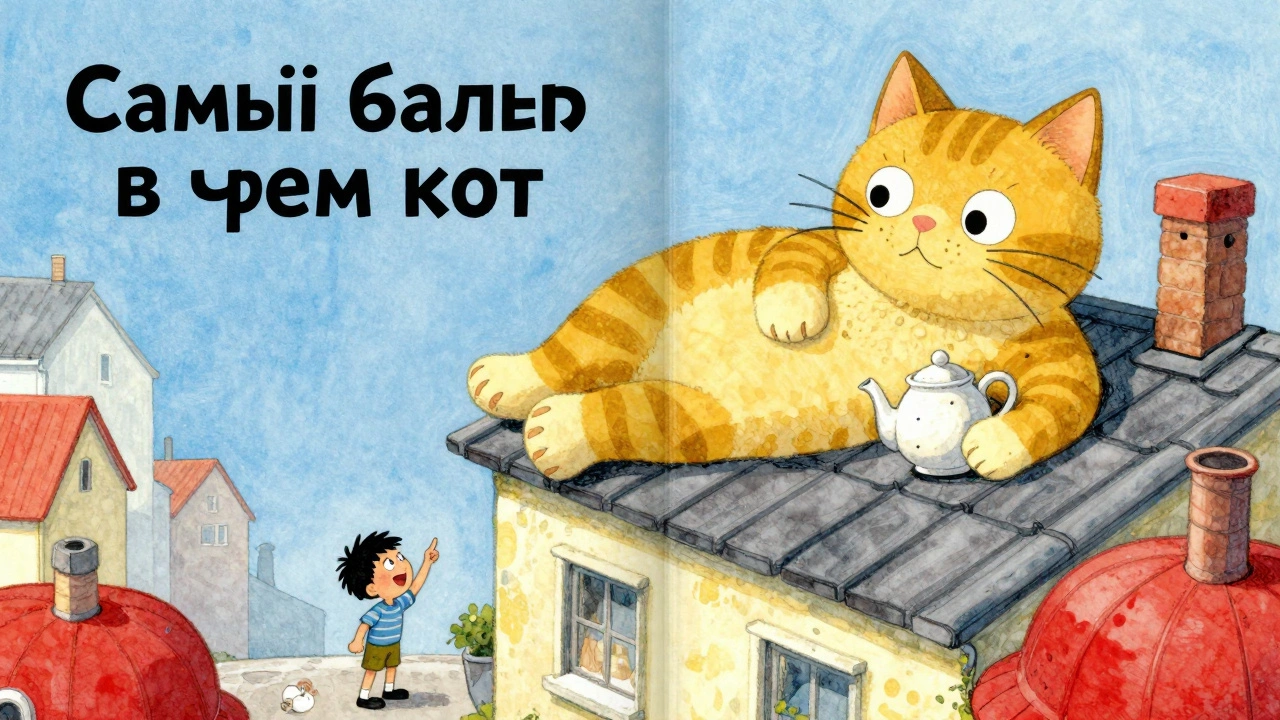 Гигантский кот на крыше, мальчик указывает вверх, яркие цвета, сказочный стиль иллюстрации.