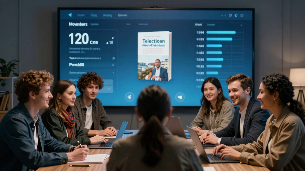 Группа людей на видеоозвонке, за ними — цифровая панель с ростом участников книжного клуба.