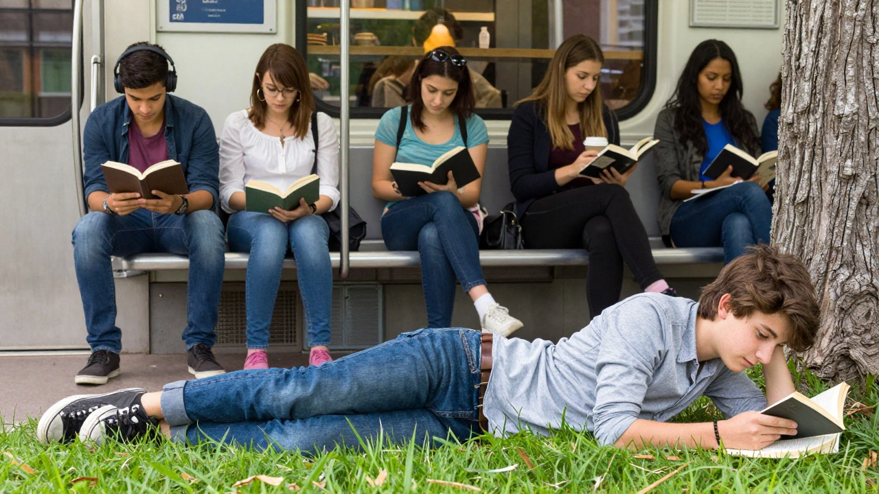 Люди читают книги в повседневных ситуациях: в метро, в очереди, на природе.