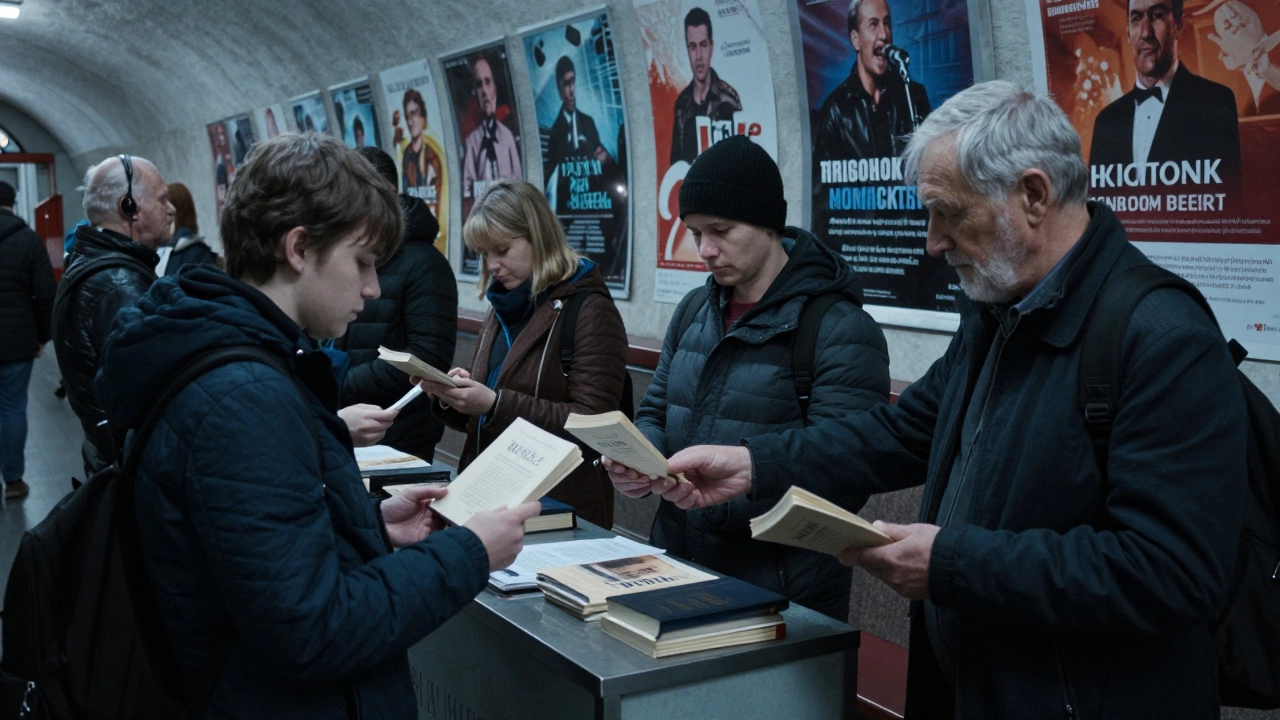 Люди в московском метро берут бесплатные экземпляры Библии у киоска на рассвете.
